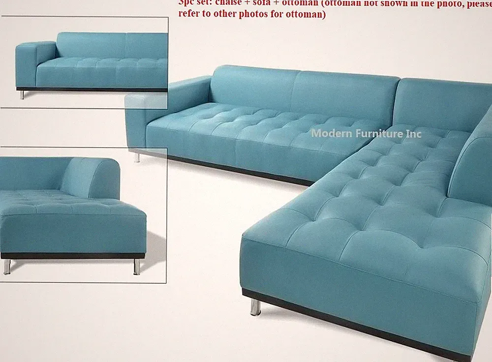 Modern contemporary blue Leather Sectional chaise Sofa ottoman 3pc set #1707