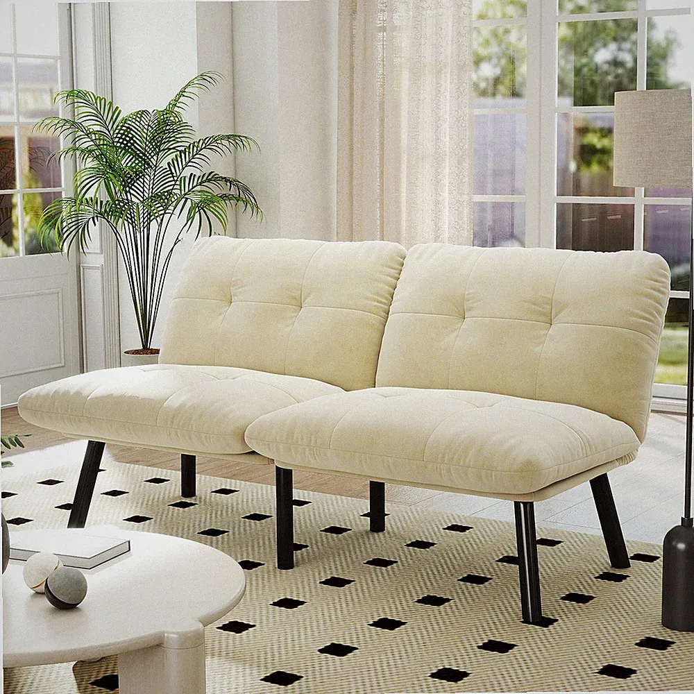 Modern Contemporary Futon Sofa Bed Cream Adjustable Backrest Folding Convertible