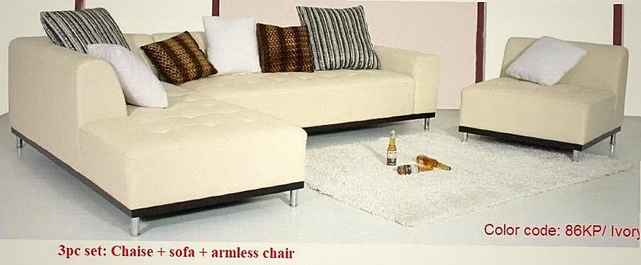 Modern Contemporary Ivory Leather Sectional chaise + Sofa 2pc set #1707