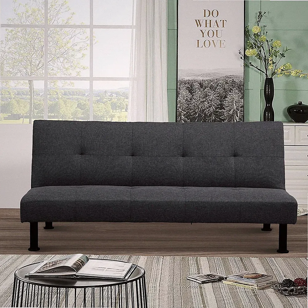 Modern Contemporary Linen Futon Sofa Bed Black Folding Convertible Tufted Chaise
