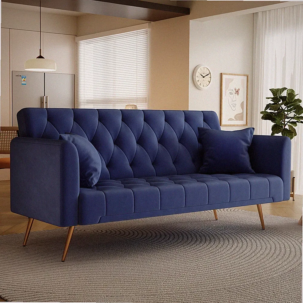 Modern Contemporary Velvet Futon Sofa Bed Blue 3-in-1 Folding Convertible Tufted