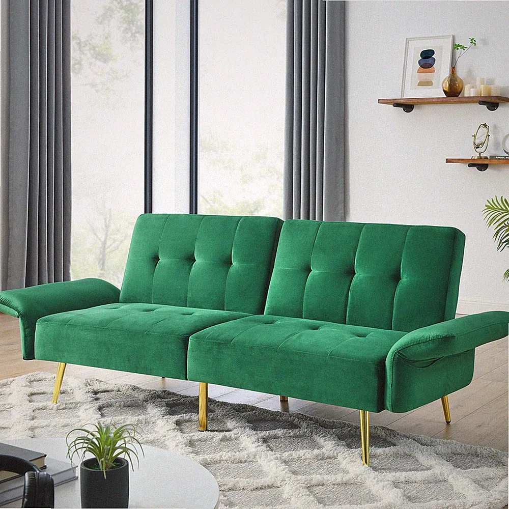 Modern Contemporary Velvet Futon Sofa Bed Green 2-in-1 Folding Convertible Couch