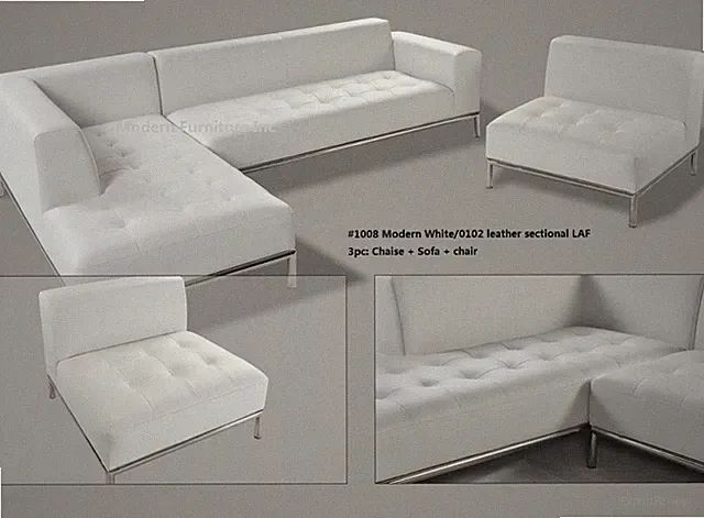 Modern contemporary white Leather Sectional chaise + sofa +ottoman 3pc set #1008