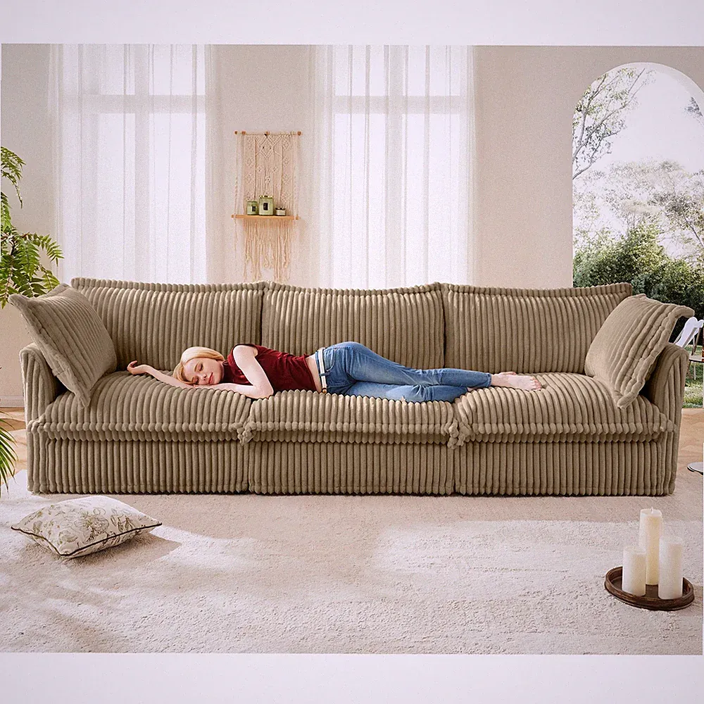 Modern Convertible 3-Seat Sofa Camel Corduroy Deep Seat Sectional