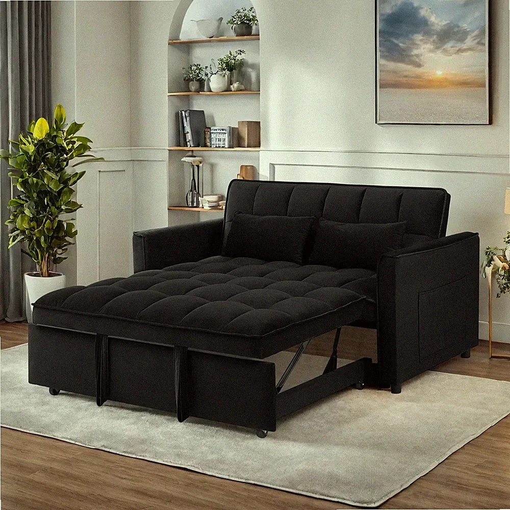 Modern Convertible Black Velvet Pull-Out Sofa Bed Loveseat Recliner With Pillows