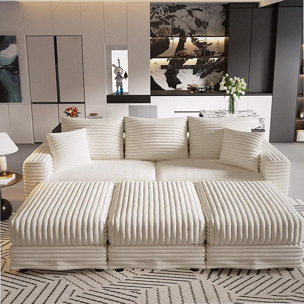 Modern Convertible Sectional Sofa Corduroy Modular Couch Lounge With Pillows