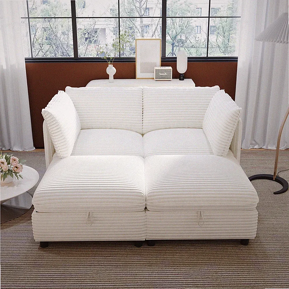 Modern Convertible Sectional Sofa Corduroy Upholstered Modular Sleeper Couch Set