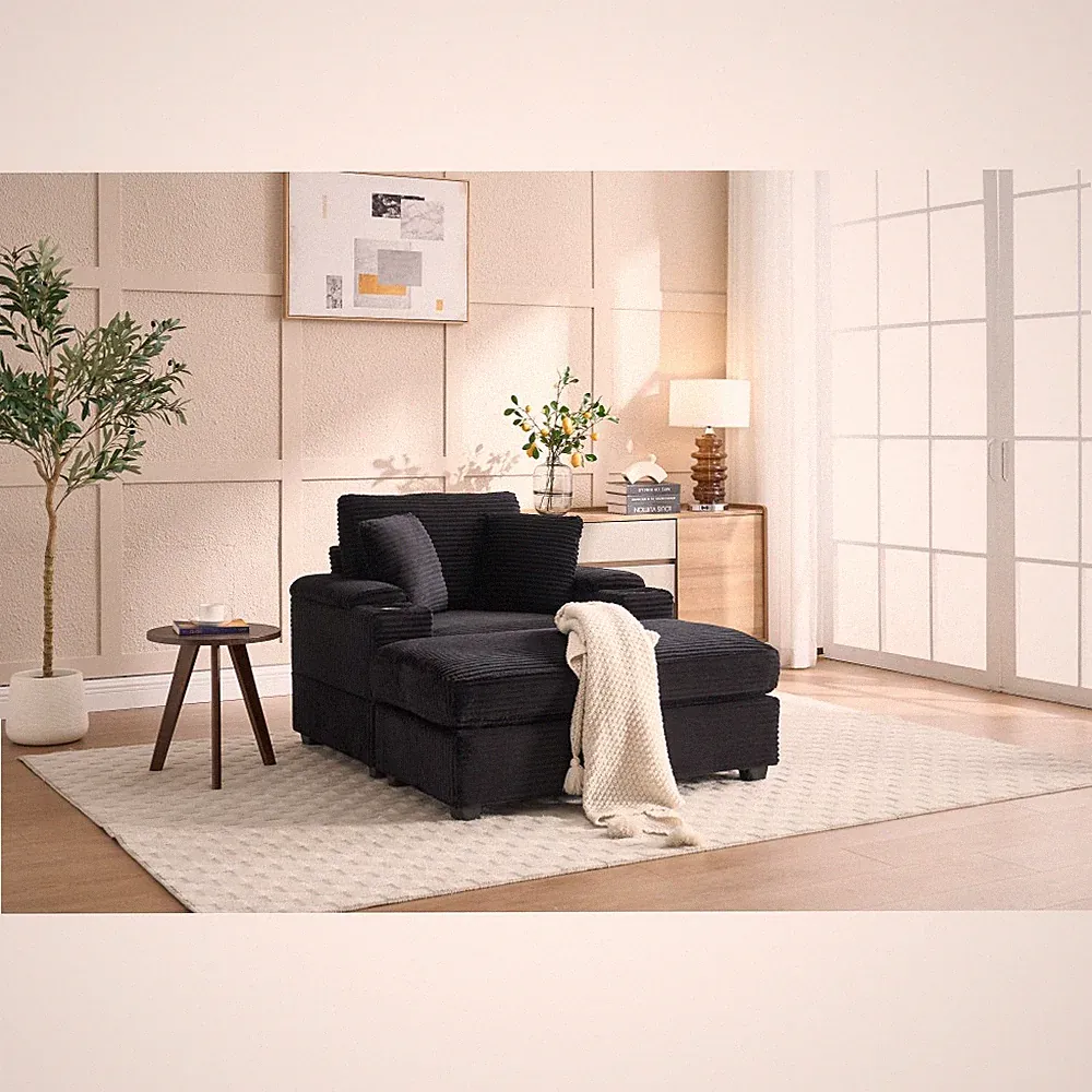 Modern Corduroy Chaise Lounge Sofa with Storage, Cupholders & Ottoman