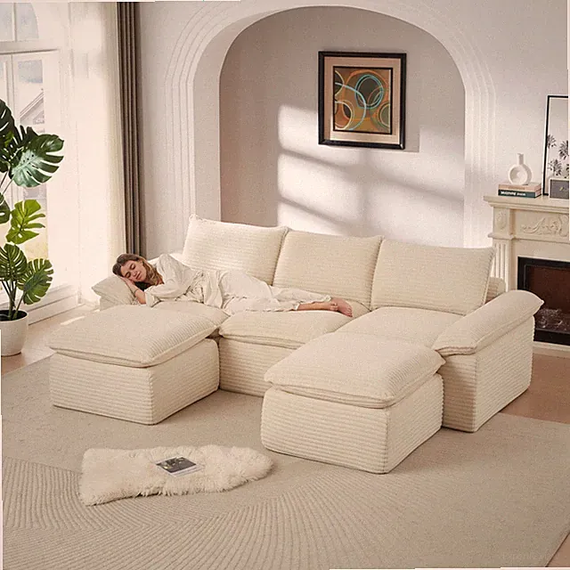 Modern Corduroy Cloud Sofa w/ Comfortable Seating, 5-Seat Sectional