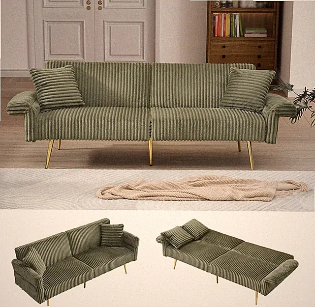 Modern Corduroy Futon Sofa Bed Green 3-in-1 Adjustable Backrest Adjustable Arms