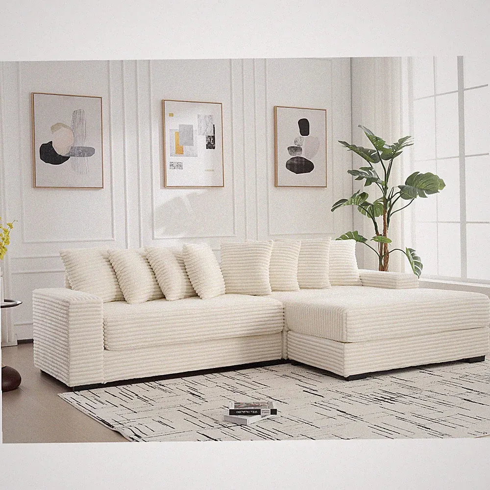 Modern Corduroy L-Shaped Sectional Sofa w/ Right Chaise & 8 Pillows, Beige