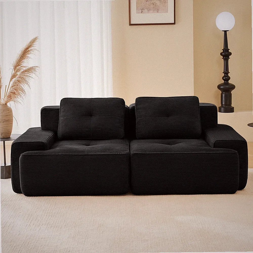 Modern Corduroy L-Shaped Sofa 2-Seater Deep Seat Sectional Couch Black Red