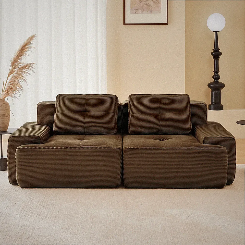 Modern Corduroy L-Shaped Sofa 2-Seater Deep Seat Sectional Couch Brown Red