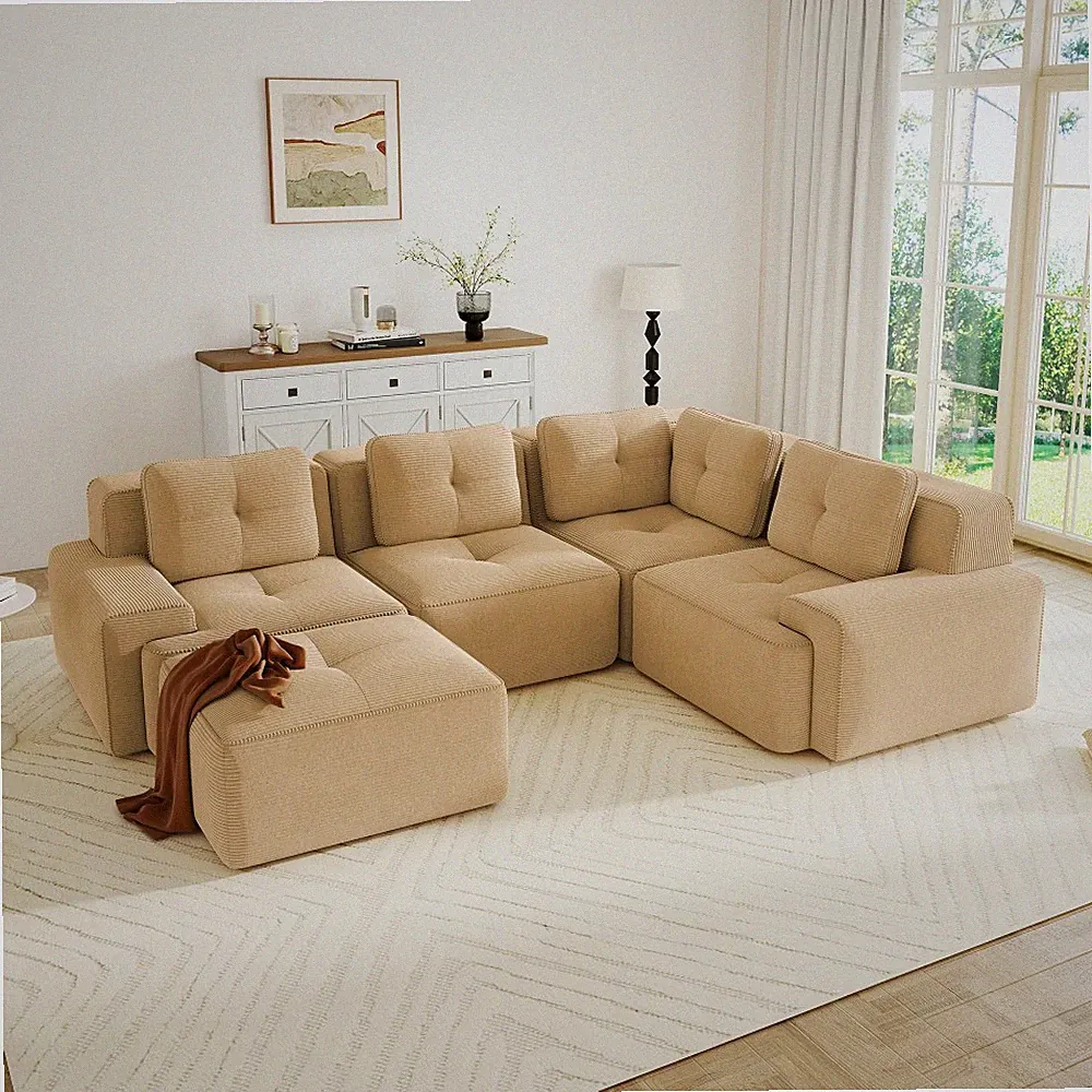 Modern Corduroy Sectional Sofa 4-Seater Couch w/ Ottoman & Tufted