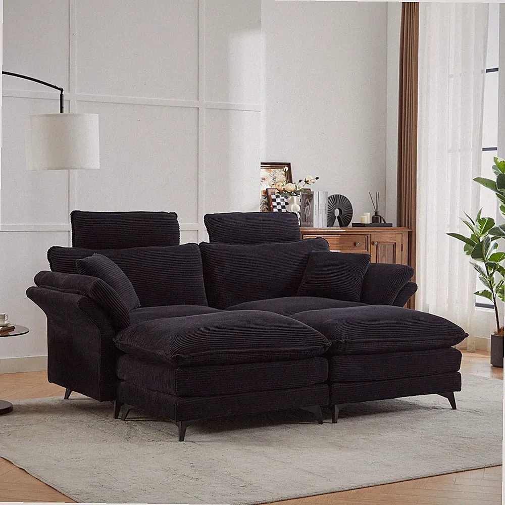 Modern Corduroy Sectional Sofa with Ottomans 85.8"L Black
