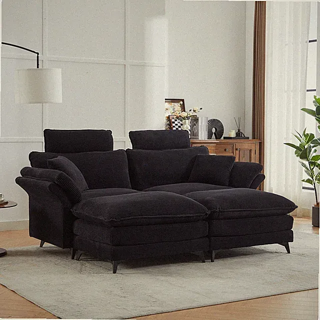 Modern Corduroy Sectional Sofa with Ottomans, Black, 85.8" L