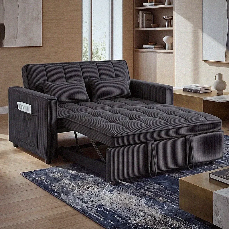 Modern Corduroy Tufted Futon Sofa Bed Grey 3-in-1 Pull-Out Sleeper Loveseat