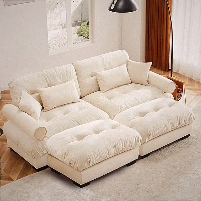 Modern Cream Modular Sectional Sofa with Ottomans and Pillows