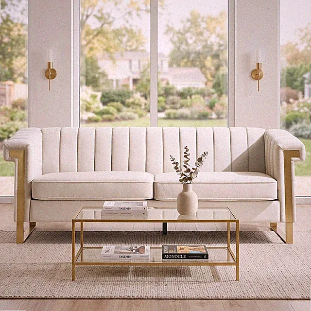 Modern Cream Velvet Sofa with Gold Accents, 3-Seat Channel-Tufted Couch