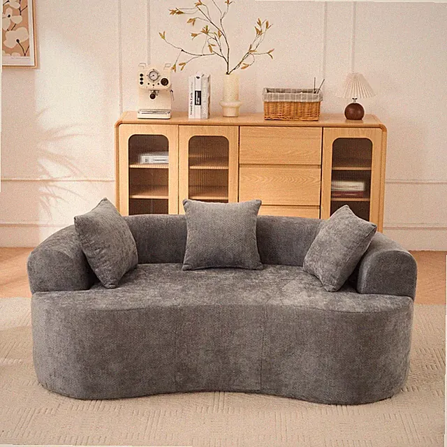 Modern Crescent Sofa w/ Deep Cushions, Gray Chenille, No Assembly