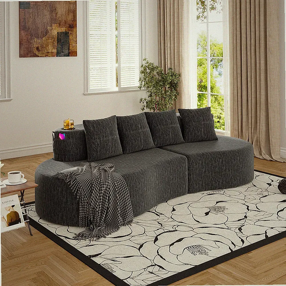 Modern Curved Sectional 3 Seat Sofa Chenille Dark Gray Half Moon