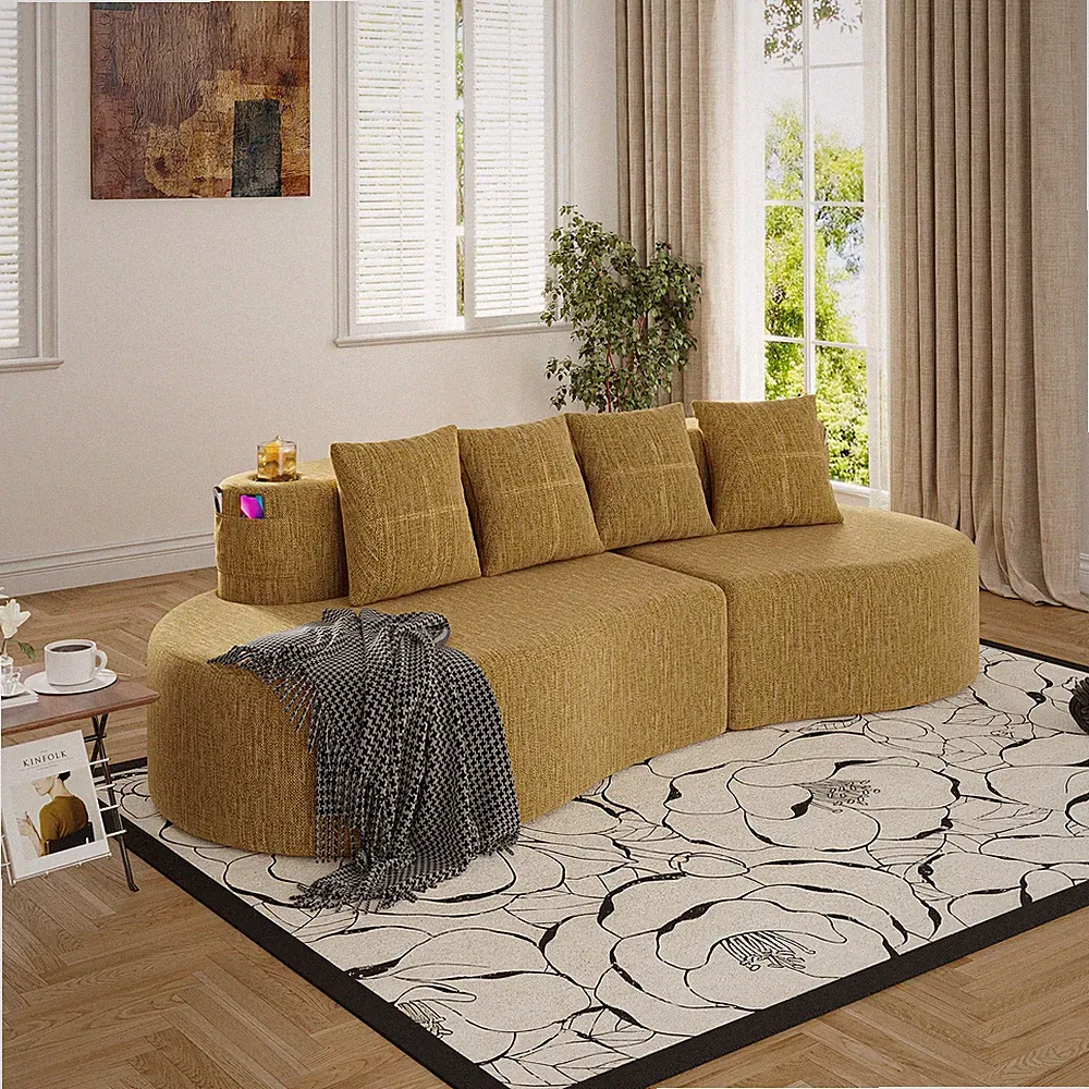 Modern Curved Sectional 3 Seat Sofa Chenille Fabric Mustard Yellow
