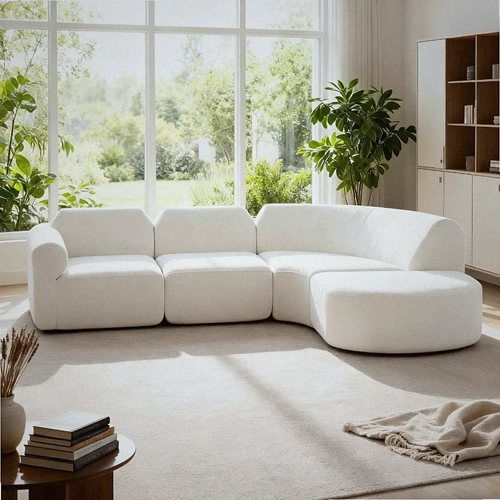 Modern Curved Sectional Sofa w/ Ottoman, Beige, Fully Assembled, 111" 3-Seater