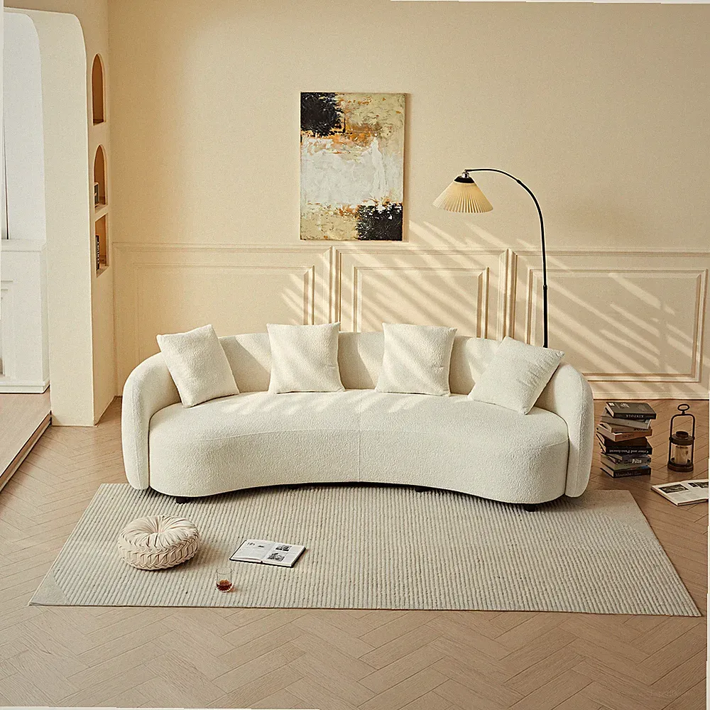 Modern Curved Sofa Mid-Century White Comfy Half Moon Velvet Fabric Couch,101"