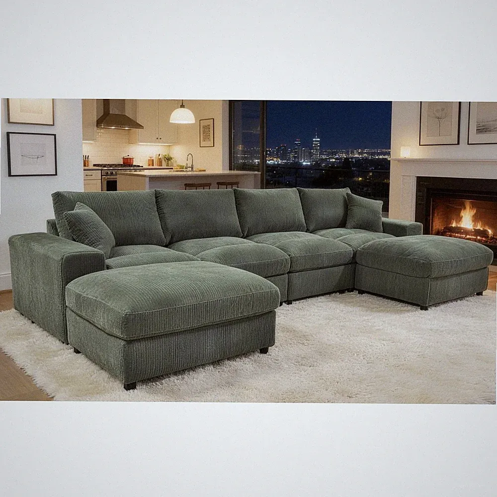 Modern Dark Green Corduroy Sectional Sofa w/ 2 Ottomans & Pillows, 6-Seat