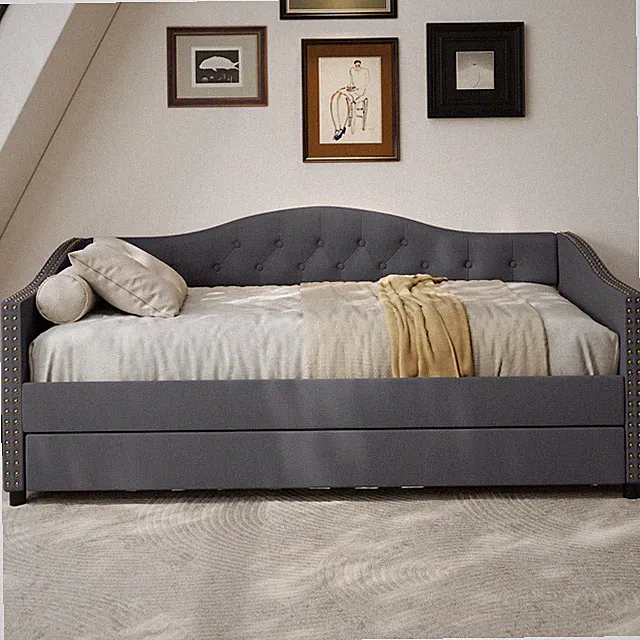 Modern Daybed Frame with Tufted Backrest Nailhead Trim for Guest Room Bedroom