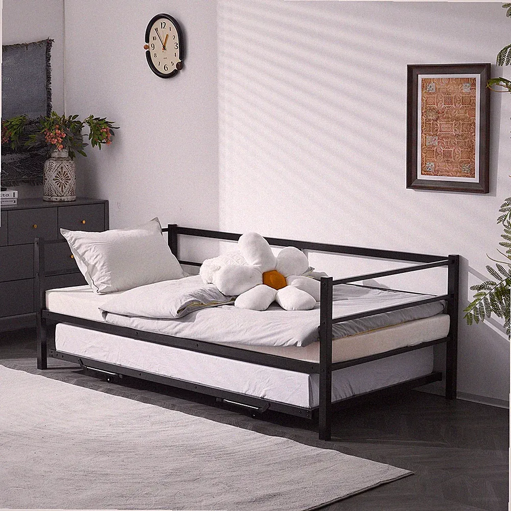 Modern Daybed with Pop Up Trundle Twin to King Triple Sofa Bed for Kids Teens