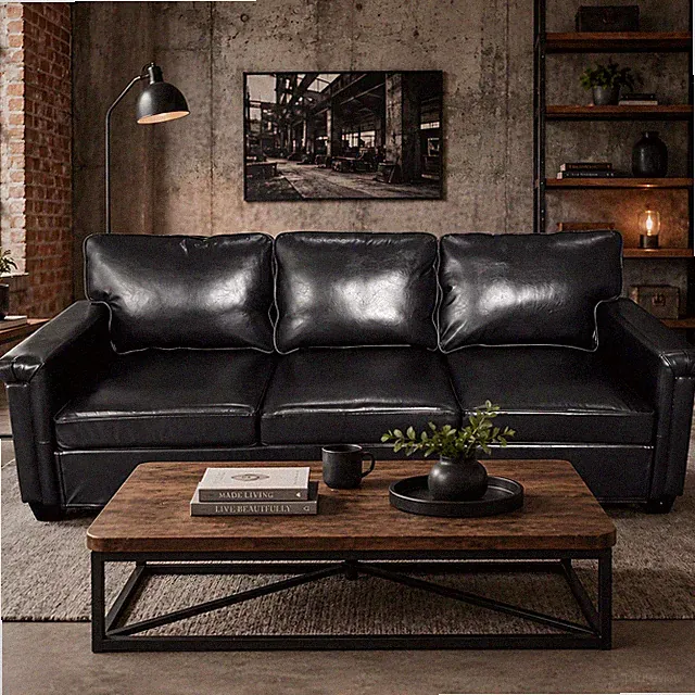 🚩Modern Deep Seat Sofa 3 Seater Faux Leather Couch 87.8 Inch W/Padded Backrest