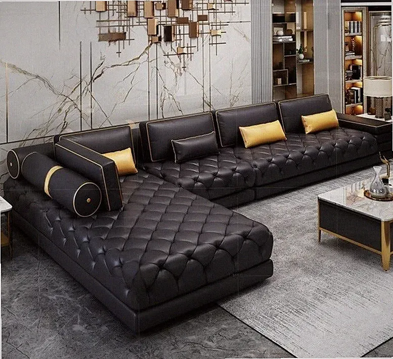 Modern Enduring Button Tufted Leather Sectional Sofa
