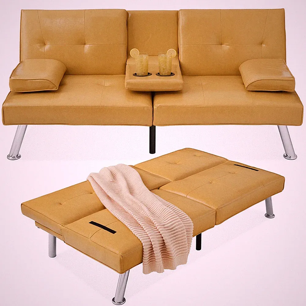 Modern Faux Leather Convertible Futon Sofa W/ Removable Armrests, 2 Cupholders