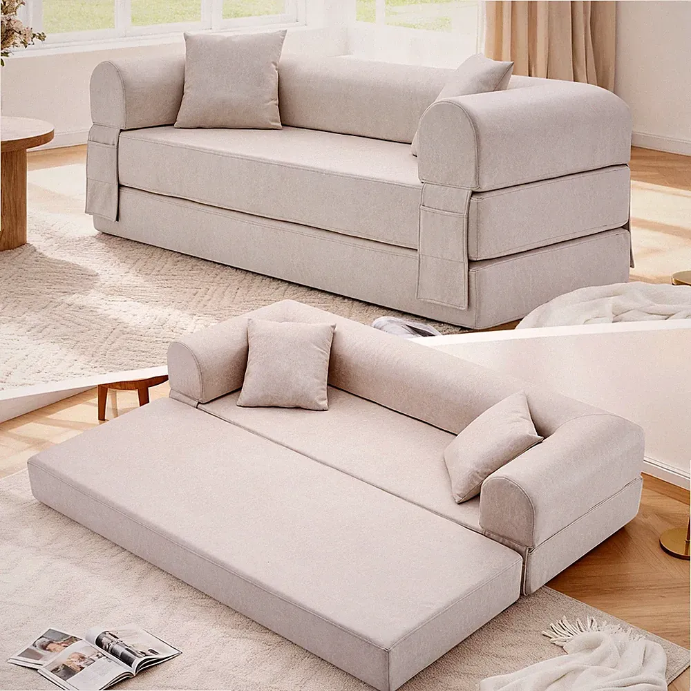 Modern Faux Leather Convertible Sofa Bed,2-in-1 Folding Floor Sofa with Pillows