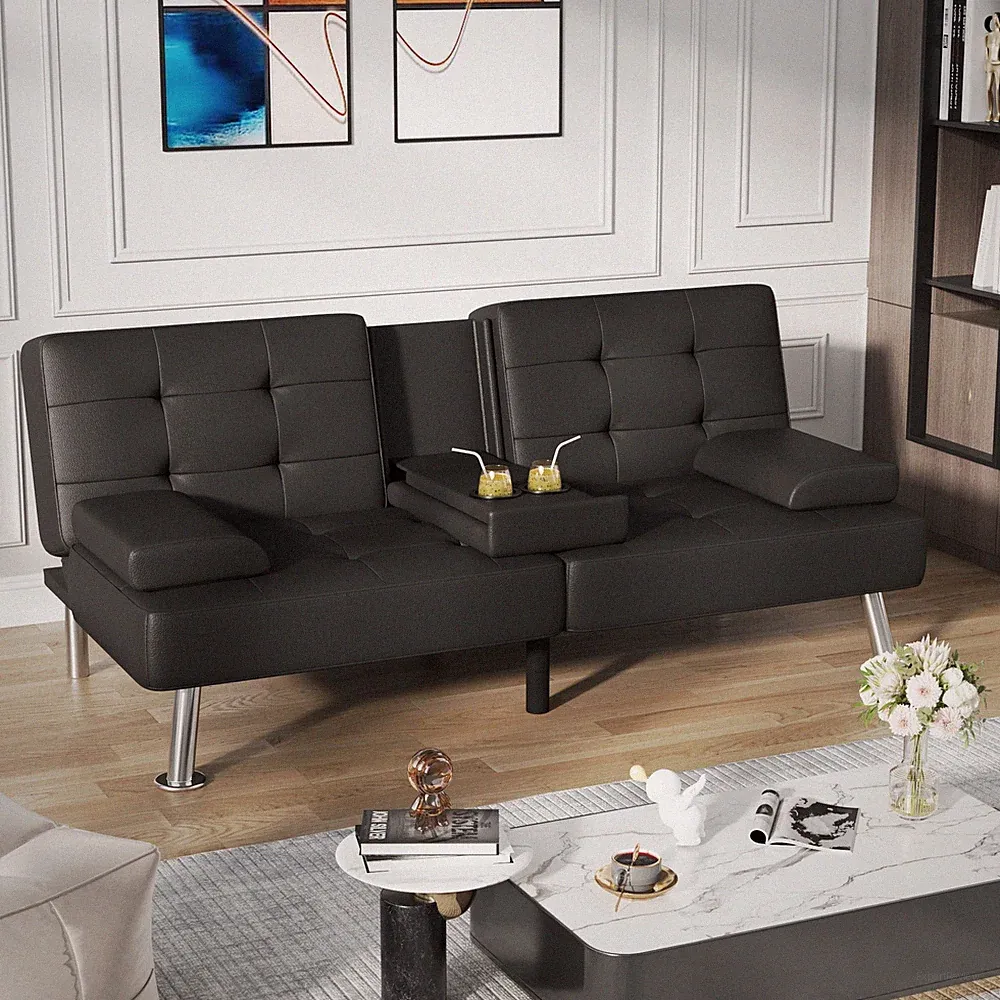 Modern Faux Leather Futon Sofa Bed Fold Up & Down Recliner W/ Cup Holder