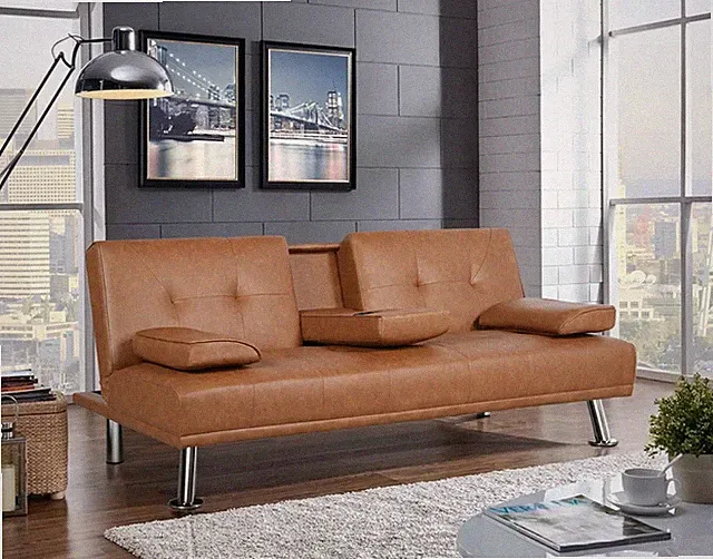 Modern Faux Leather Futon with Cupholders & Pillows Convertible Mattress Bed