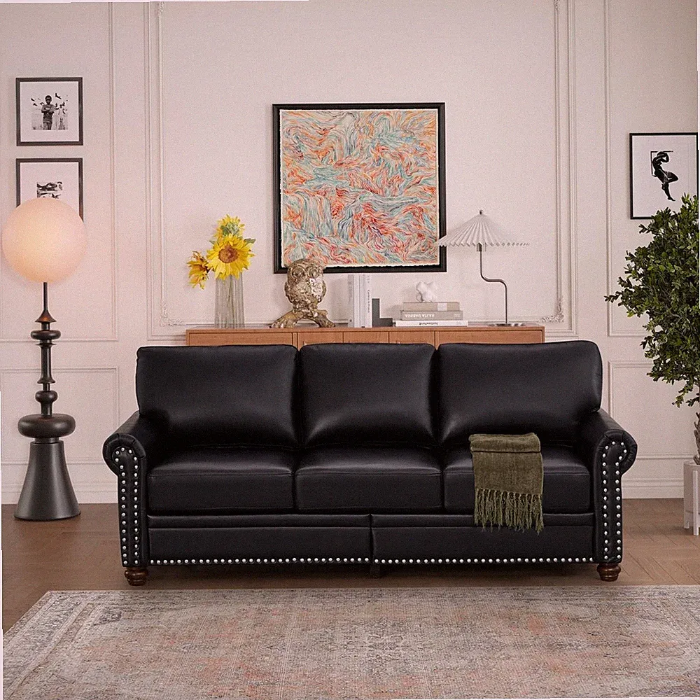 Modern Faux Leather Sofa Bed Sofa with 3 Seats Classic Fashion Classic Black