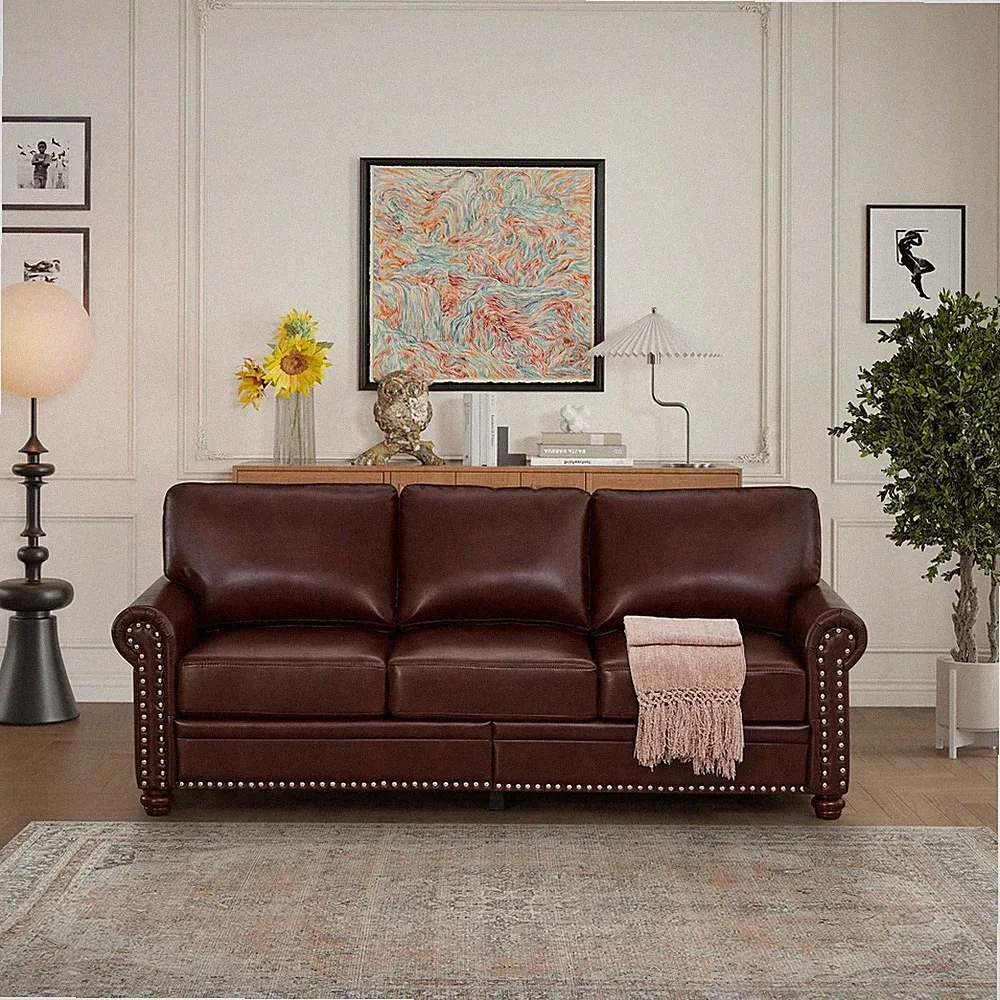 Modern Faux Leather Sofa Bed Sofa with 3 Seats Classic Fashion Classic Burgundy