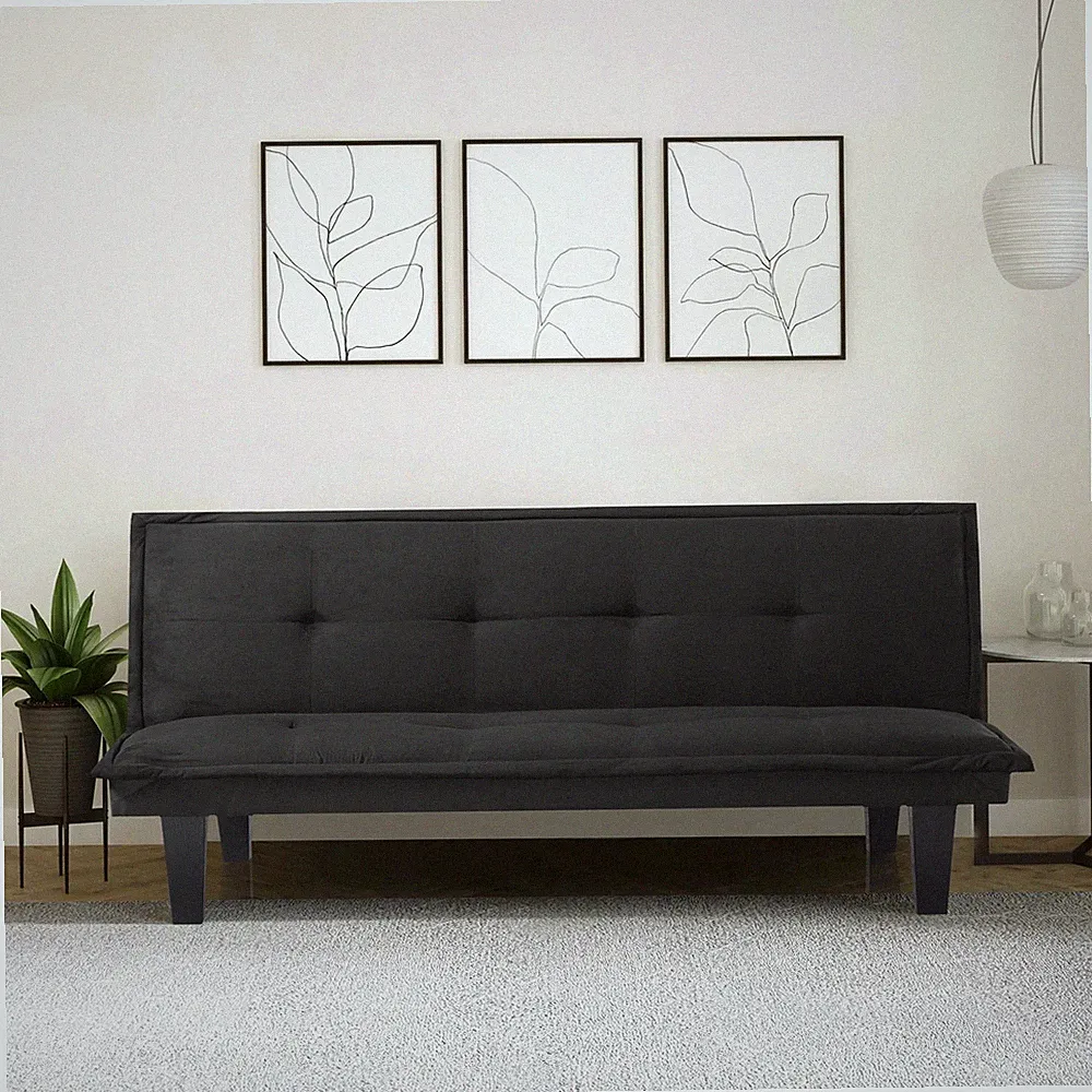Modern Faux Suede Futon Sofa Bed Black Adjustable Backrest Convertible Tufted