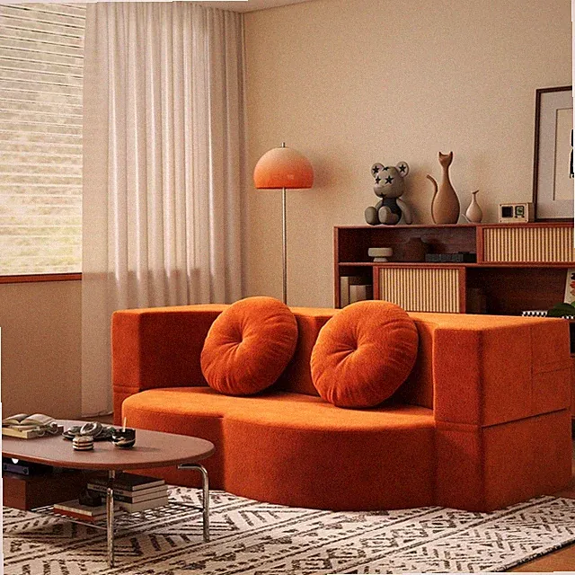 Modern Floor Sofa Bed with 2 Pillows,Convertible Plush Corduroy Sleeper Sofa