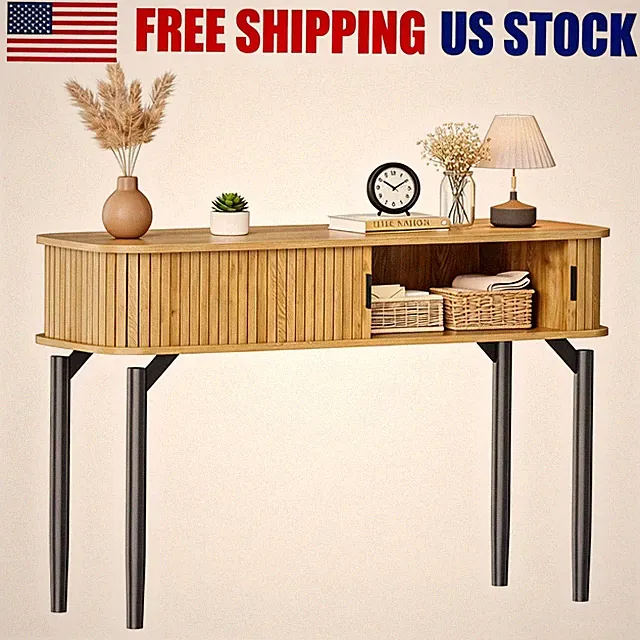Modern Fluted Console Table Soft Sliding Door Storage Entryway Sofa Table with