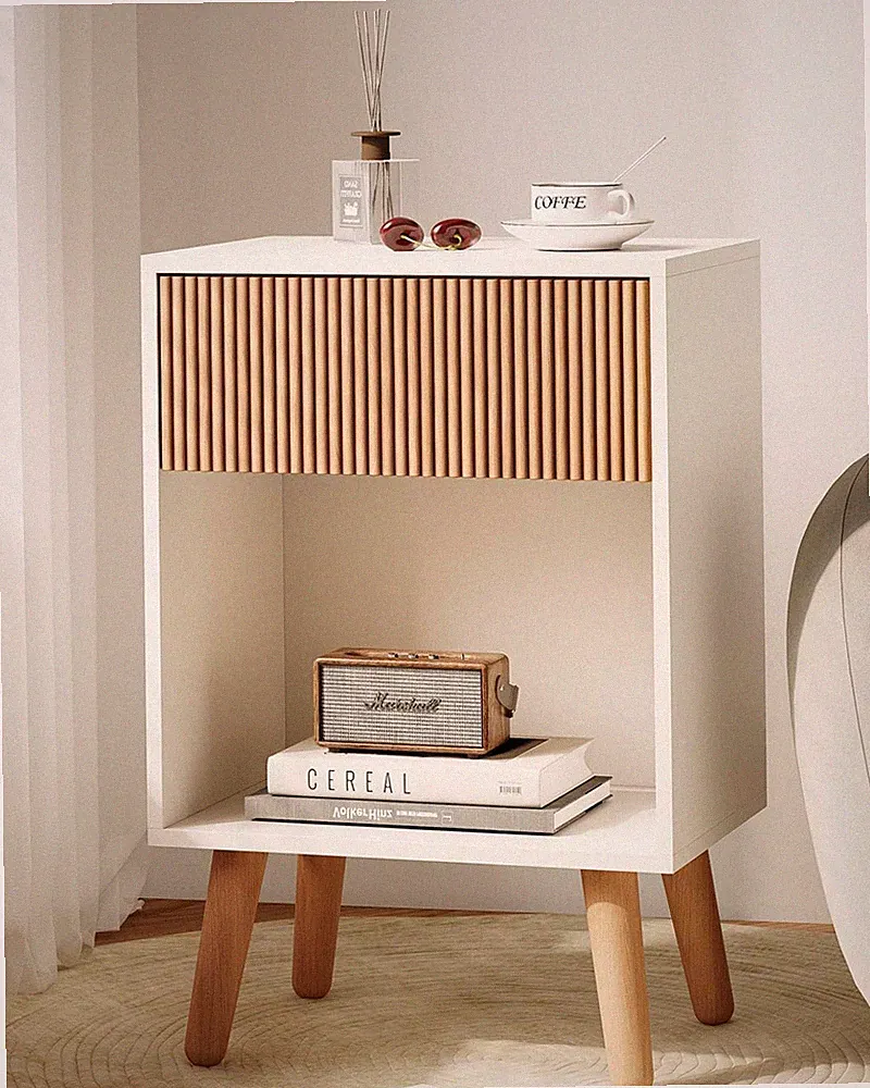 Modern Fluted Nightstand with Storage Drawers and Open Shelf for Bedroom