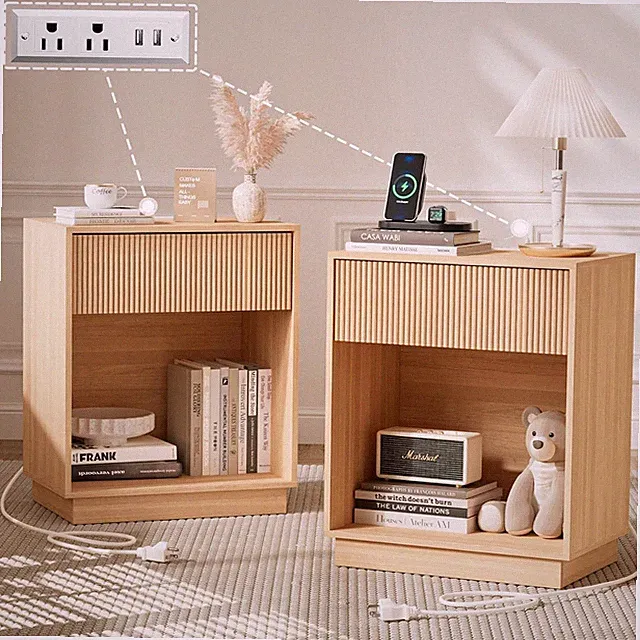 Modern Fluted Nightstands Set of 2 with Charging Station & Storage - Oak