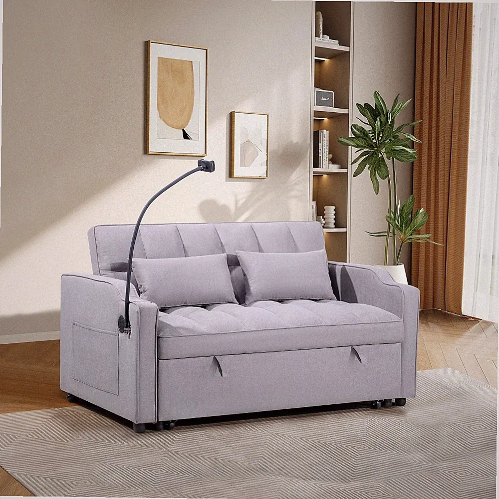 Modern Foldable Sofa Bed Loveseat to Bed Convertible Gray Suede USB Port