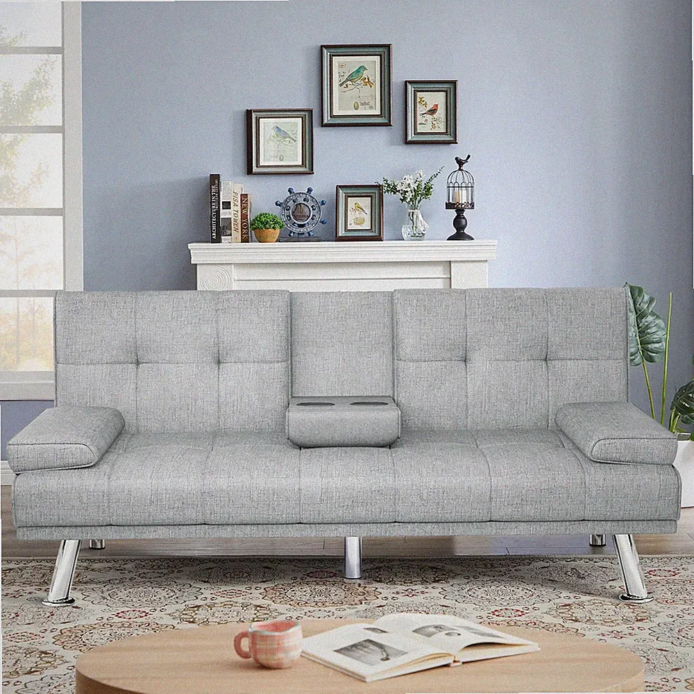 Modern Folding Sofa Bed with Cup Holder & Adjustable Backrest for Living Room