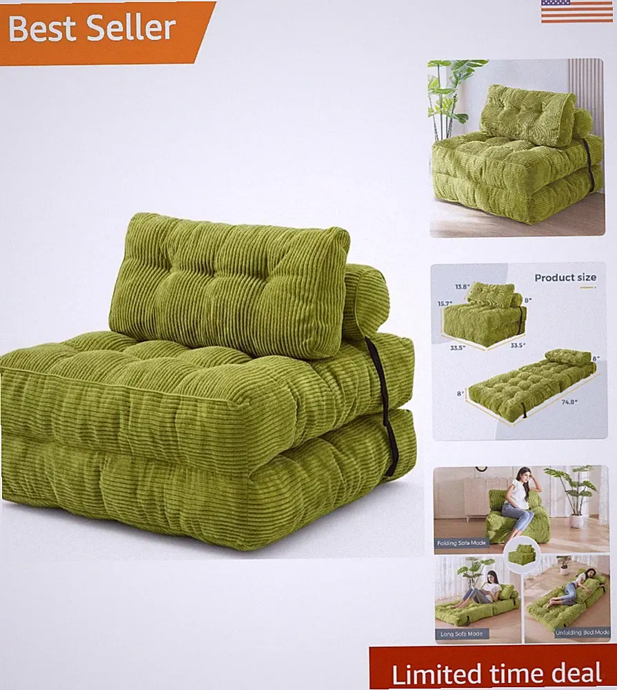 Modern Folding Sofa Bed with Pillow - Space-Saving Convertible Chair in Green