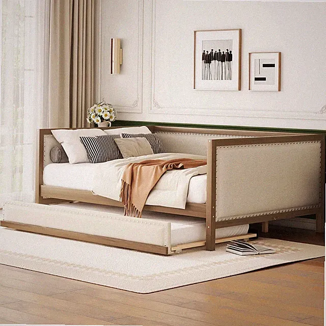 Modern Full Size Nailhead Trim Upholstered Daybed With Twin Trundle Bed Sofa Bed