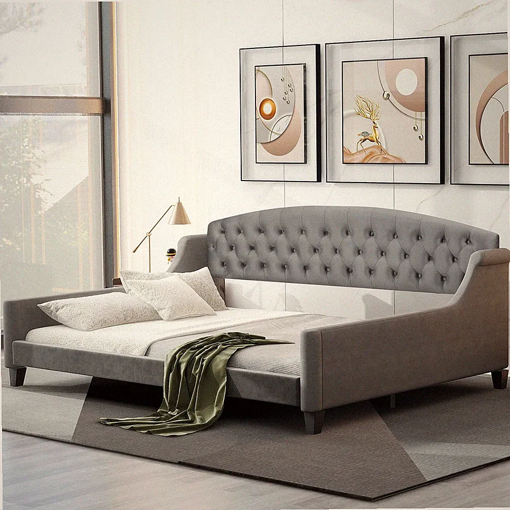Modern Full Size Tufted Button Daybed Sofa Bed Wooden Slatted For Bedroom Gray