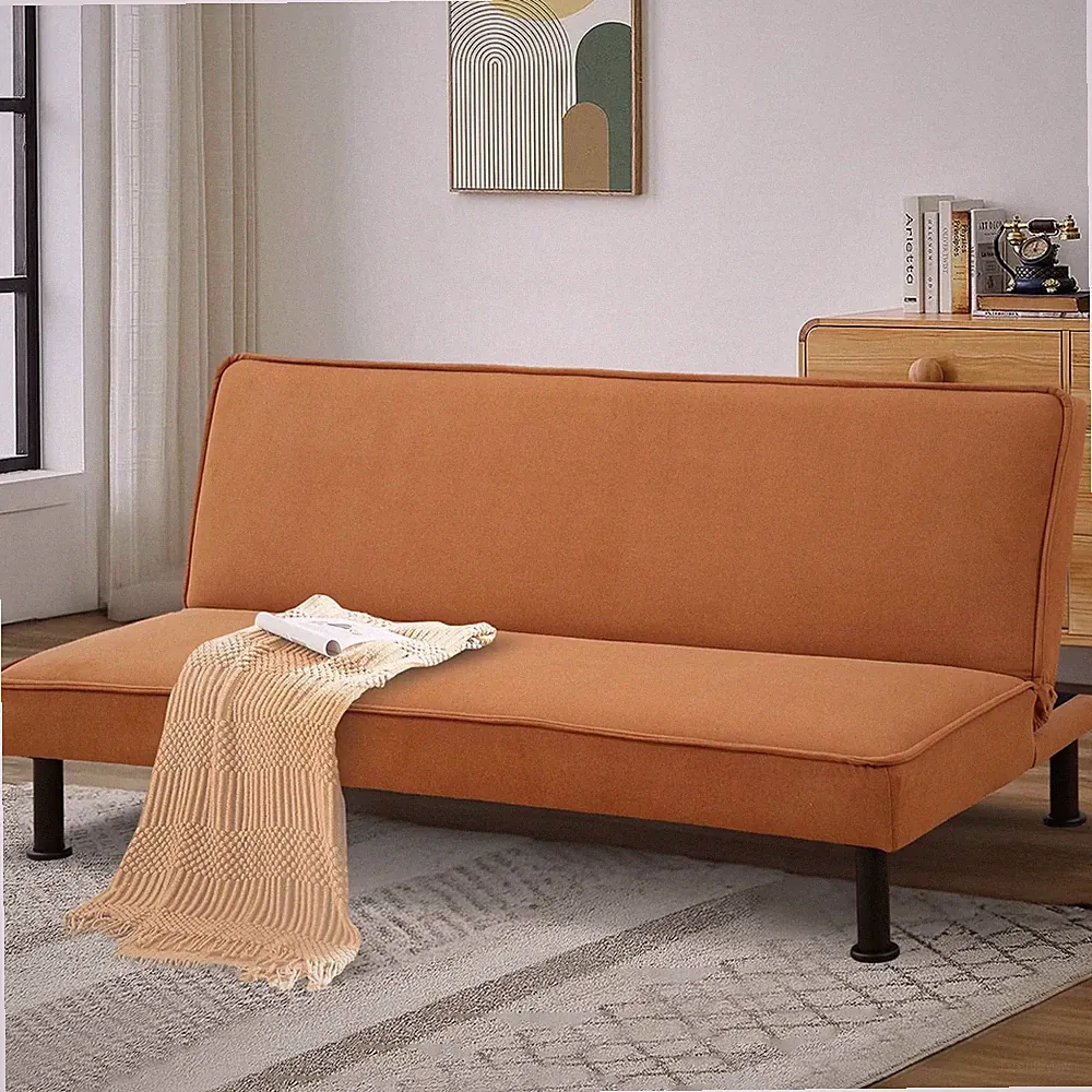 Modern Futon Convertible Sofa Bed Home Office Adjustable Backrest Flannel Orange